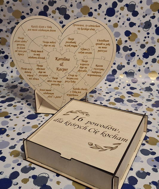 Dzień Chłopaka Pudełko „16 powodów, dla których Cię kocham” – serce z puzzli w ramce